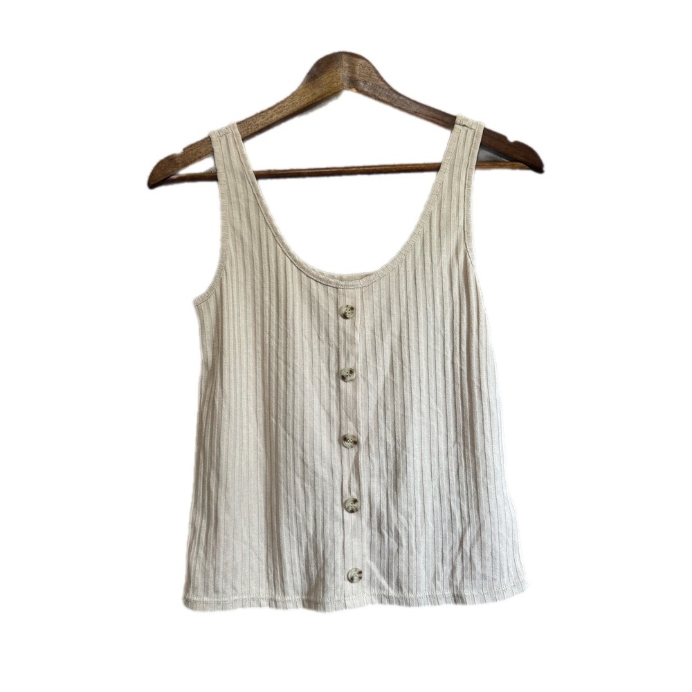 H&M Ribbed Knit Tank Top Womens Small Beige Excellent Button Front Scoop Neck - Picture 2 of 9